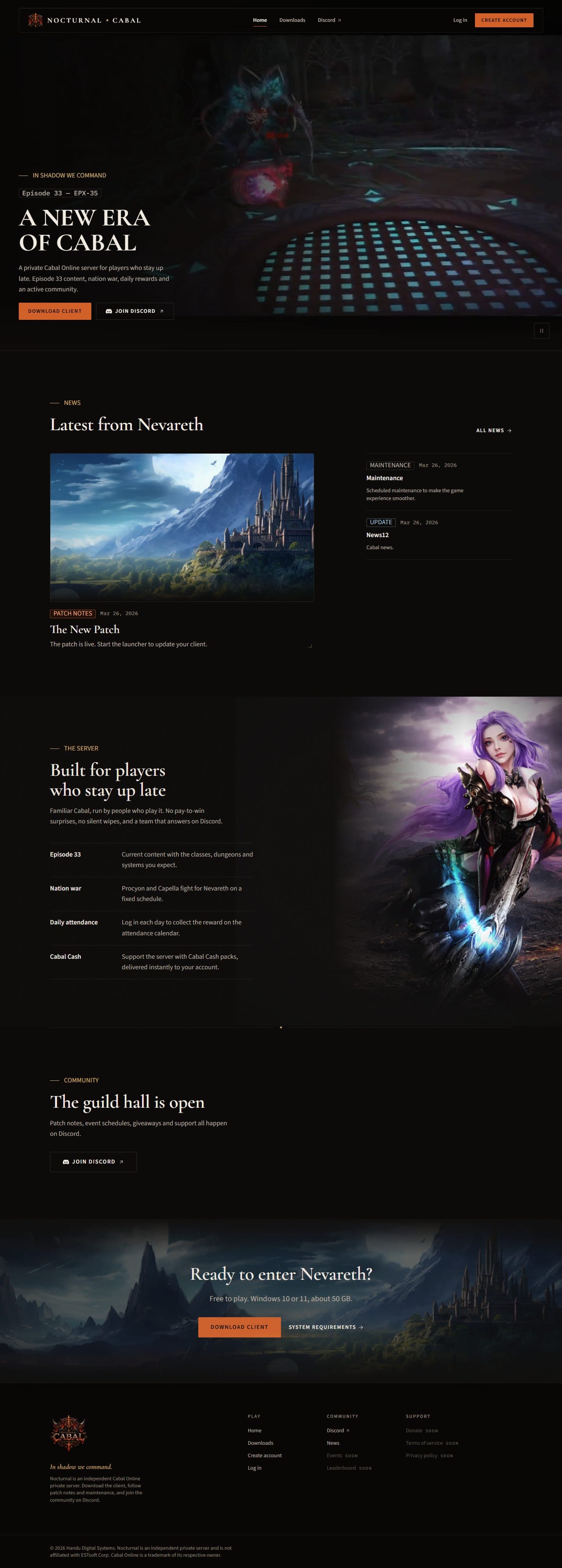 Nocturnal Cabal: the full home page on desktop